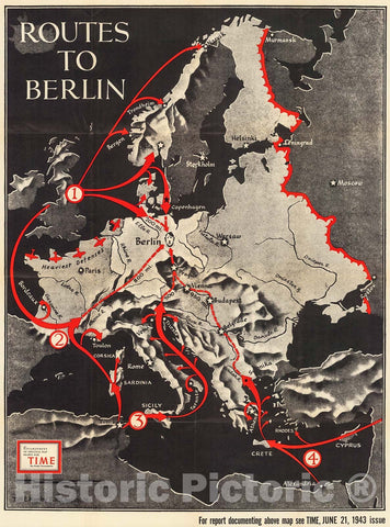 Historic Map : Routes to Berlin, 1943, Vintage Wall Decor