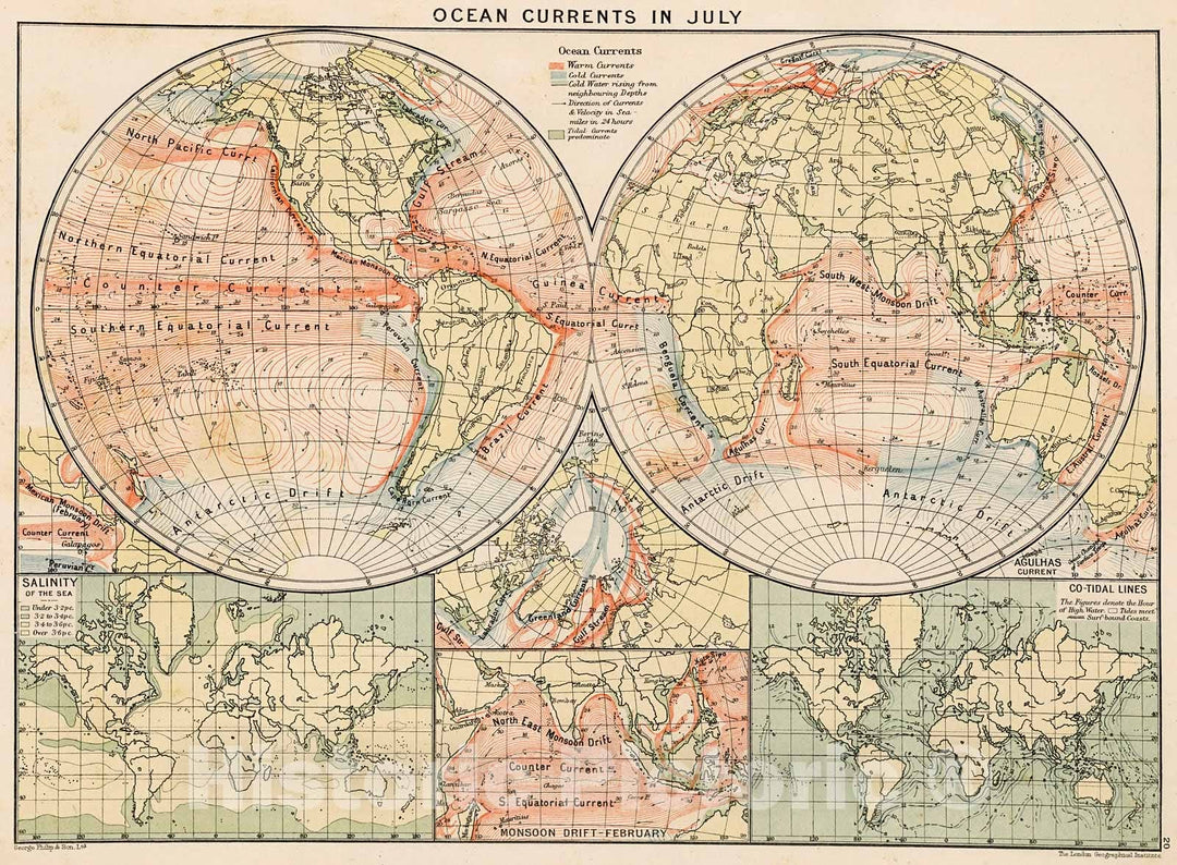 Historic Map : Ocean currents in July, 1905, Vintage Wall Decor