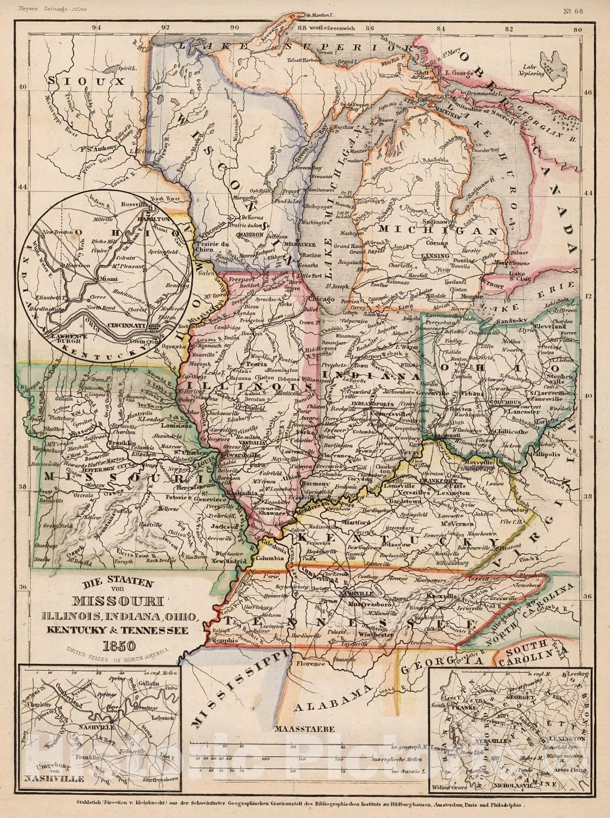 Historic Map : Die staaten von Missouri, Illinois, Indiana, Ohio,Kentucky & Tennessee 1850, 1852, Vintage Wall Decor