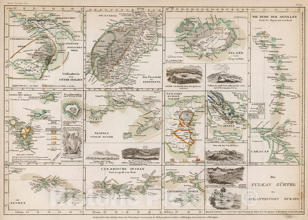 Historic Map : Die vulkan Gurtel des Atlantischen Oceans, 1852, Vintage Wall Decor