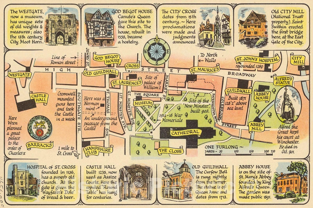 Historic Map : Winchester Cathedral and College, 1948, Vintage Wall Decor