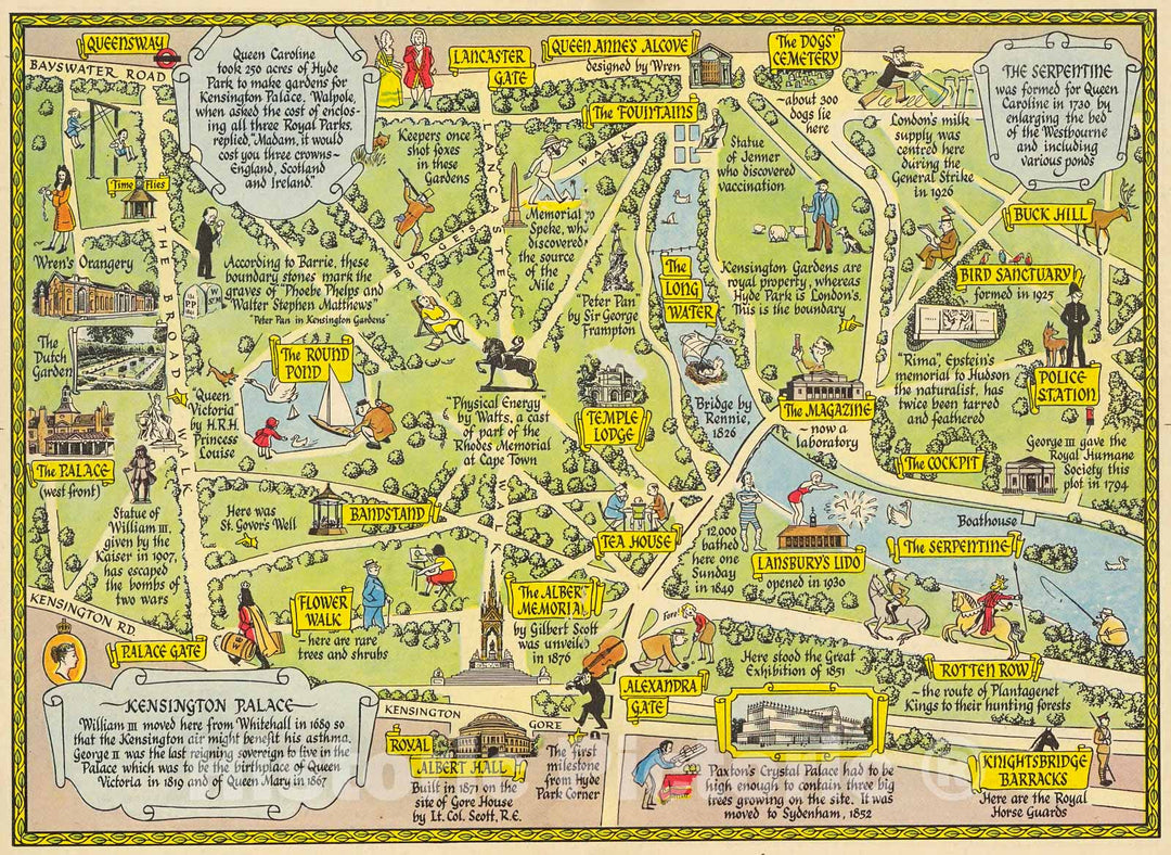Historic Map : A Map of Kensington Gardens and Hyde Park, 1948, Vintage Wall Decor