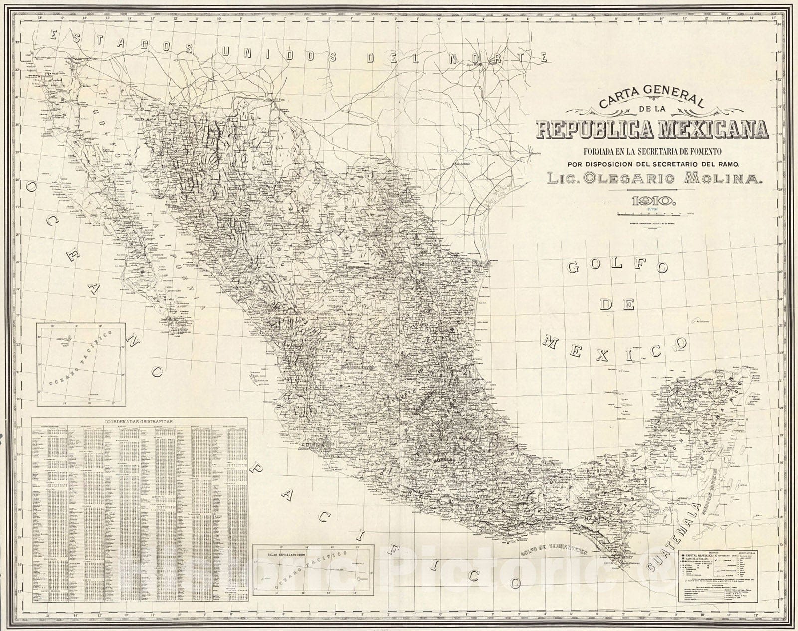 Historic Map : Carta general de la Republica Mexicana, 1910, 1910, Vintage Wall Decor