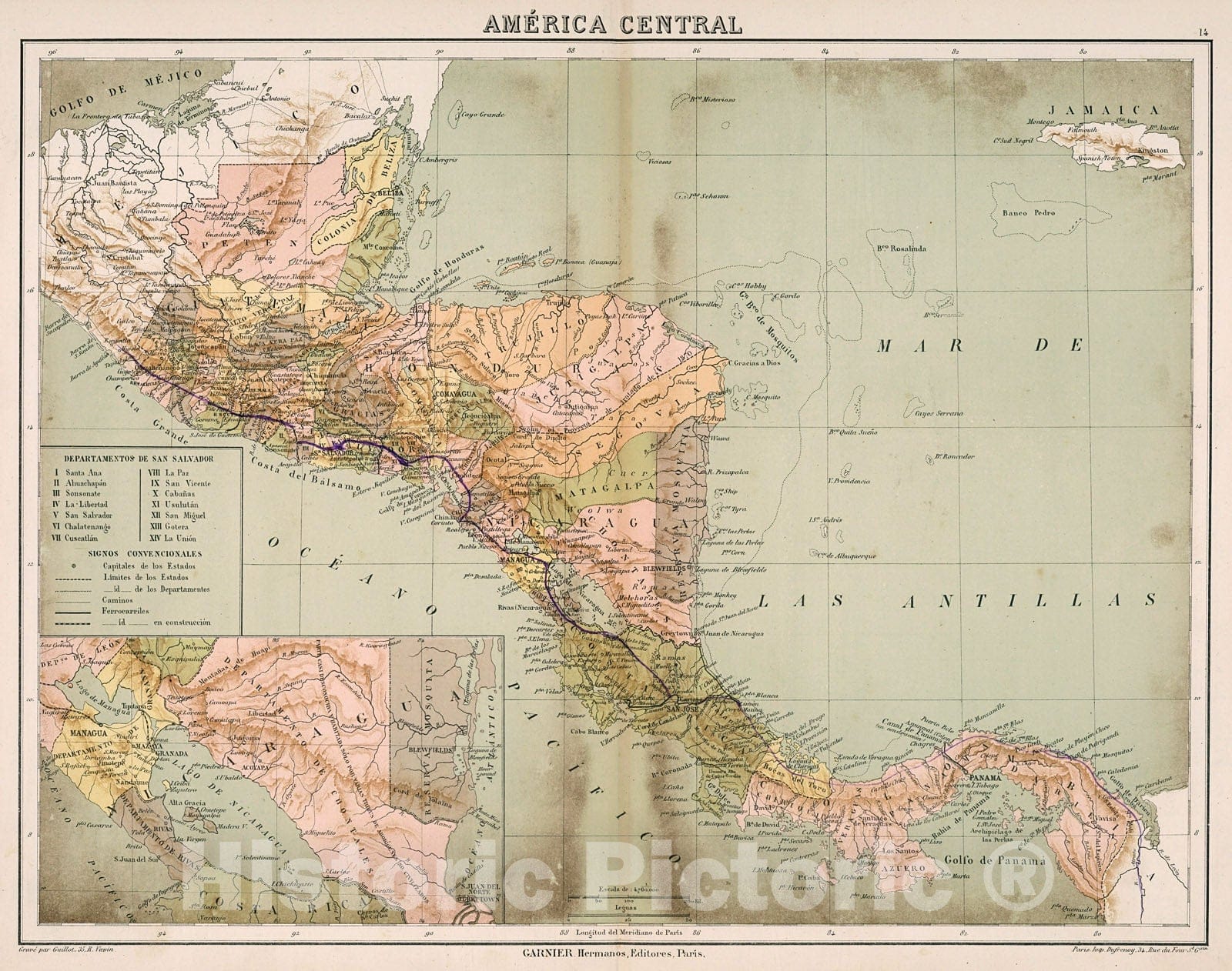 Historic Map : America Central, 1885, Vintage Wall Decor