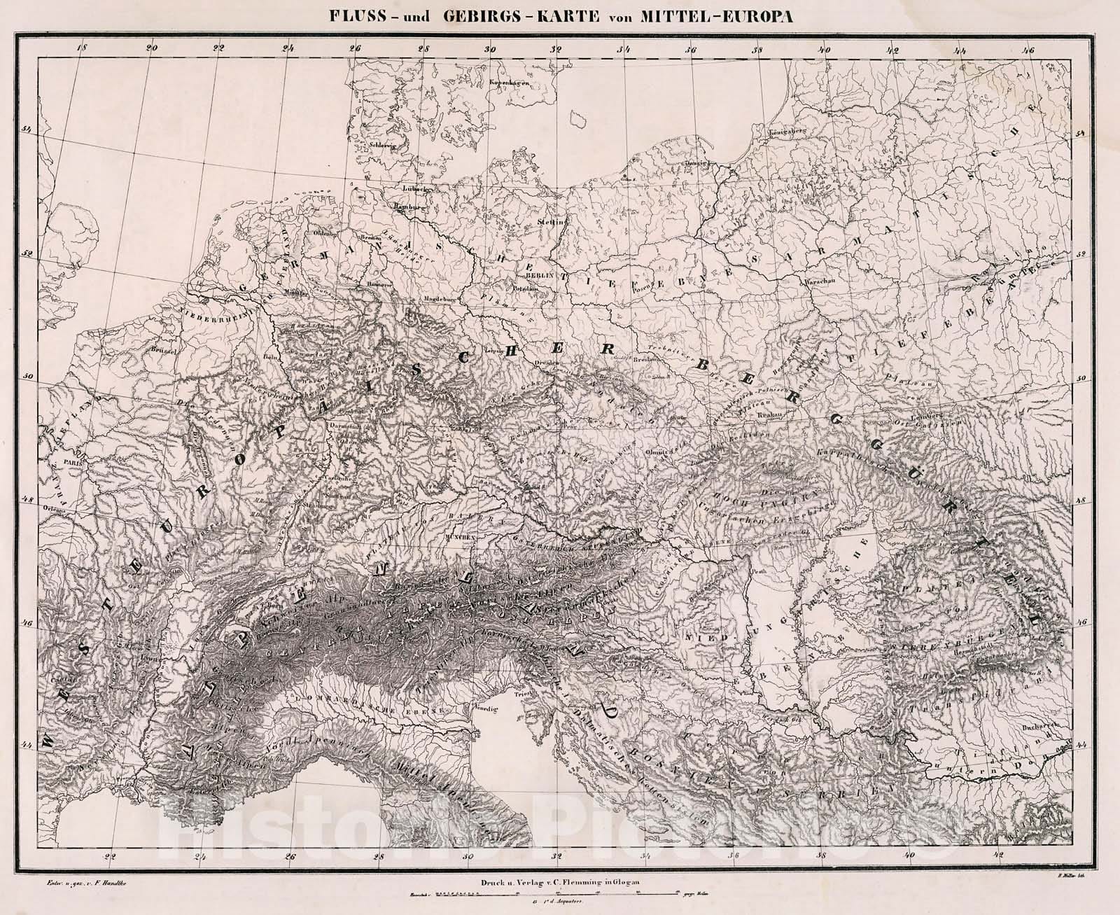 Historic Map : Fluss- und Gebirgs-Karte von Mittel Europa., 1846, Vintage Wall Decor