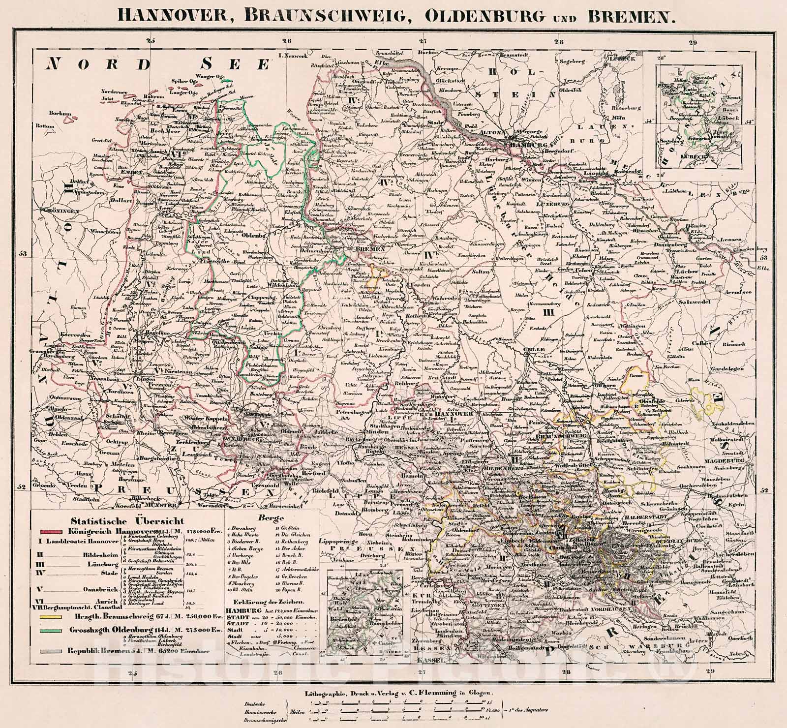 Historic Map : Hannover, Braunscheig, Oldenburg und Bremen., 1846, Vintage Wall Decor