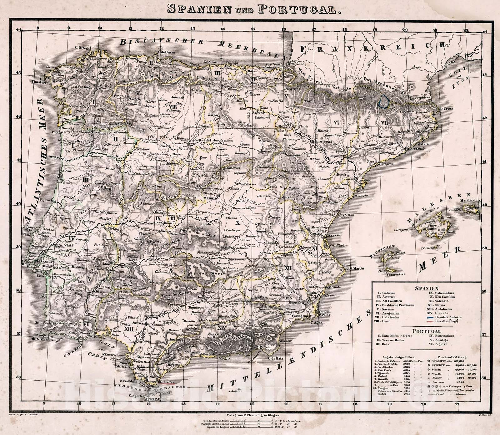 Historic Map : Spanien und Portugal., 1846, Vintage Wall Decor