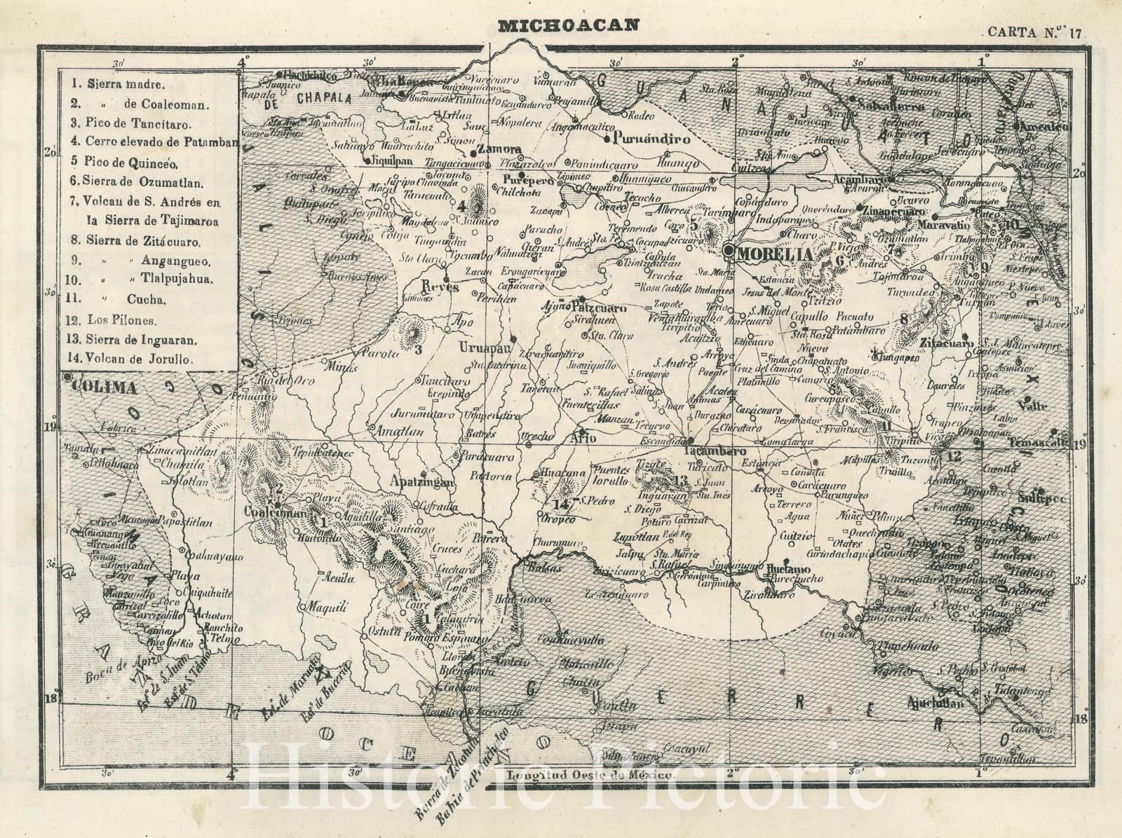 Historic Map : Text and Map: XIII. Michoacan. Carta No. 17., 1874, Vintage Wall Decor
