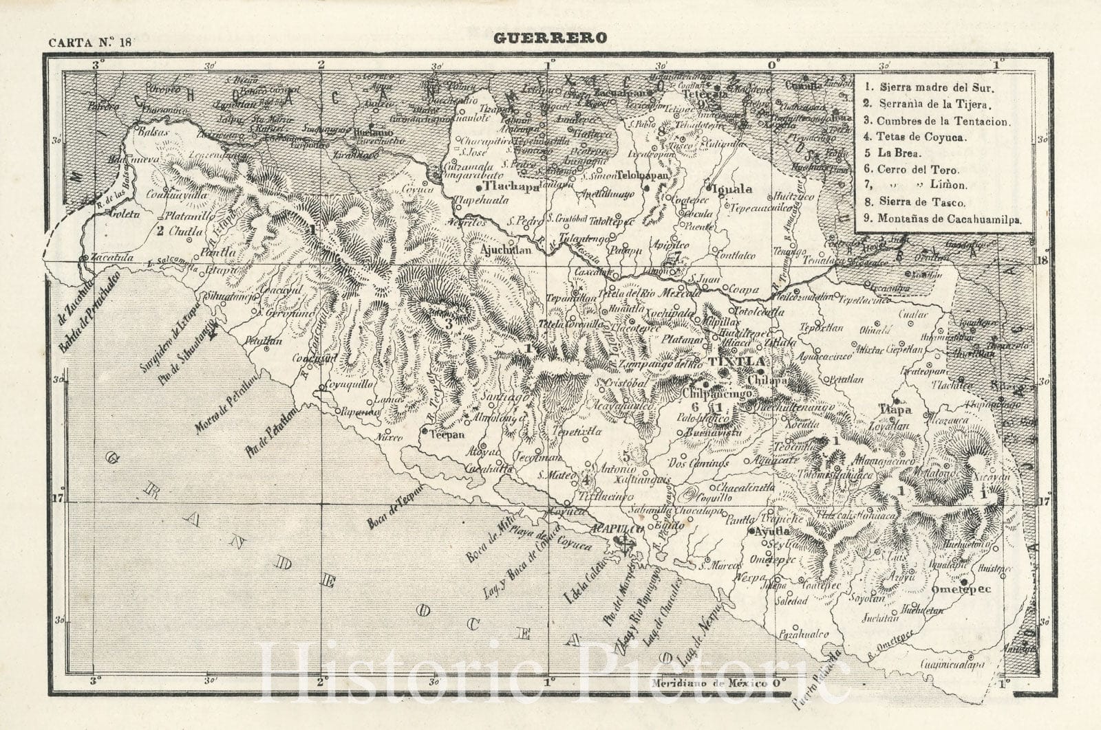 Historic Map : Text and Map: XIV. Guerrero. Carta No. 18., 1874, Vintage Wall Decor