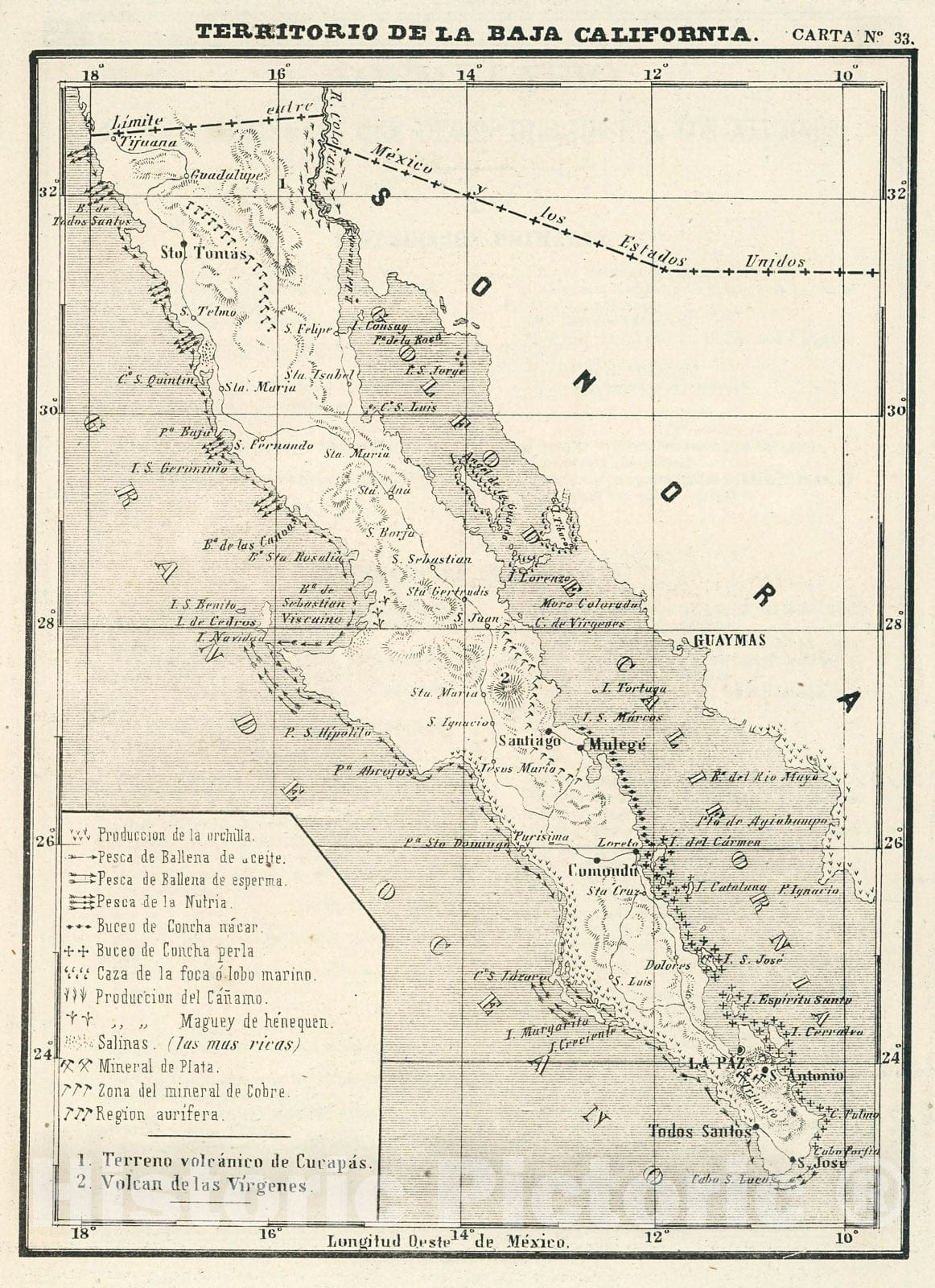 Historic Map : Text and Map: Territorio de la Baja California. Carta No. 33., 1874, Vintage Wall Decor