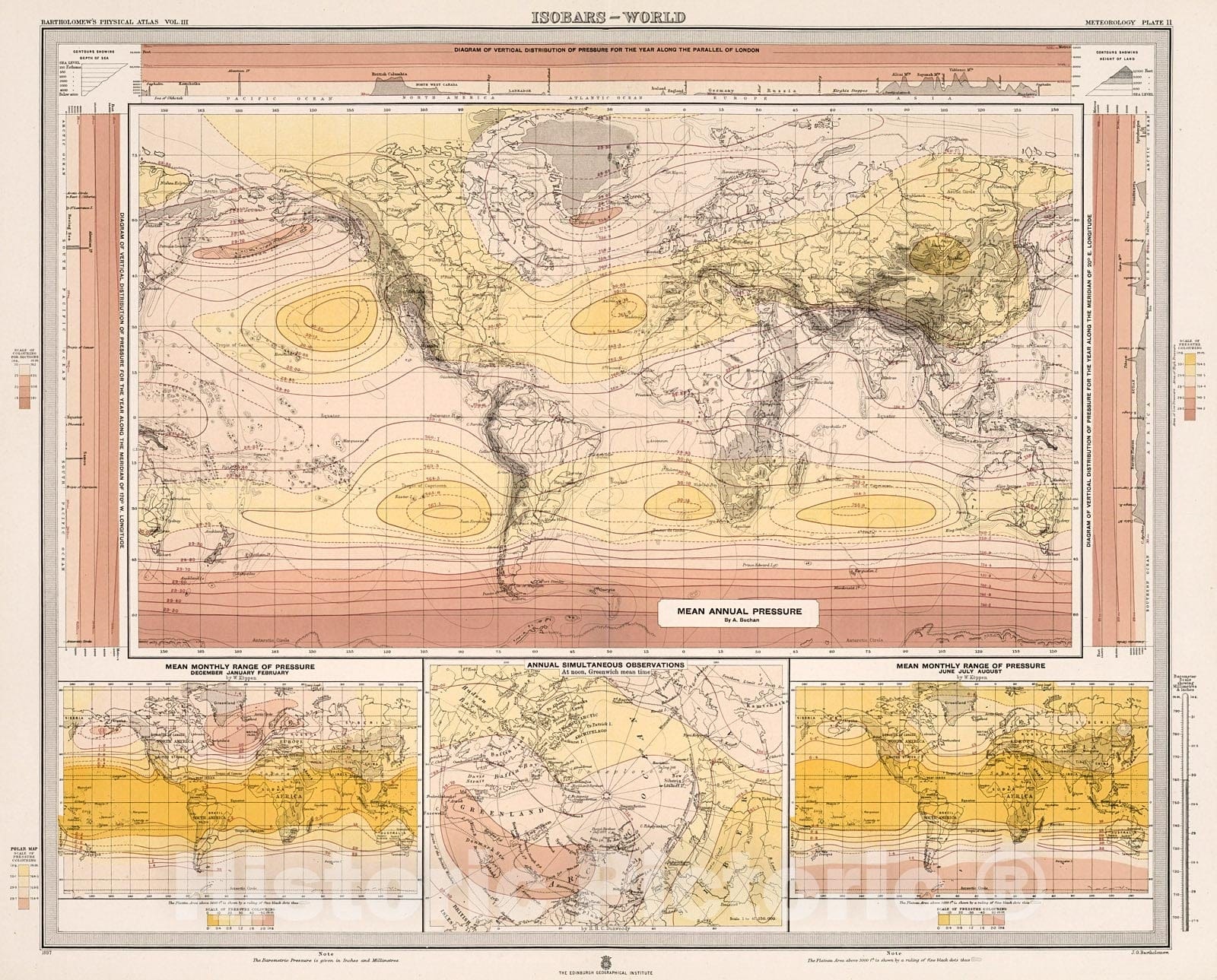 Historic Map : Plate 11. Isobars - World. Mean Annual Pressure., 1899, Vintage Wall Decor