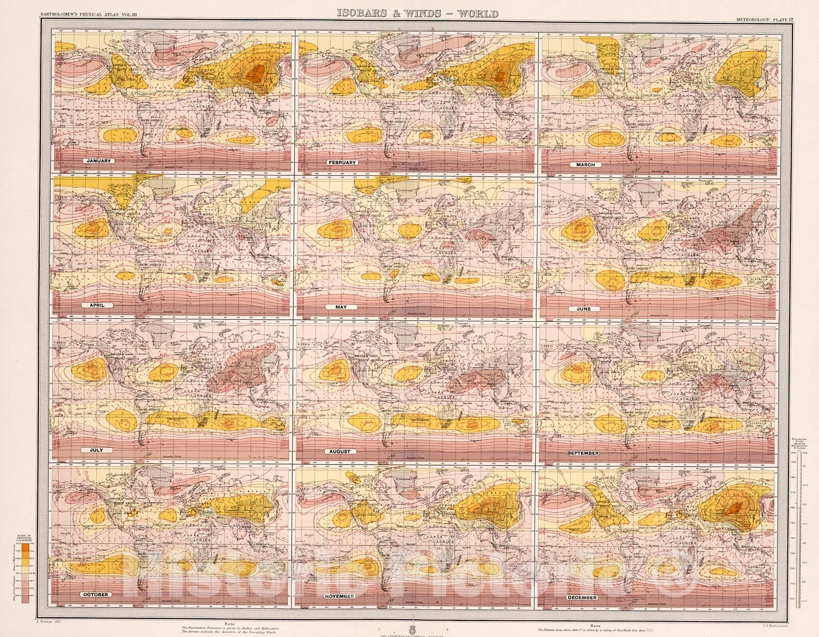 Historic Map : Plate 12. Isobars & Winds - World., 1899, Vintage Wall Decor