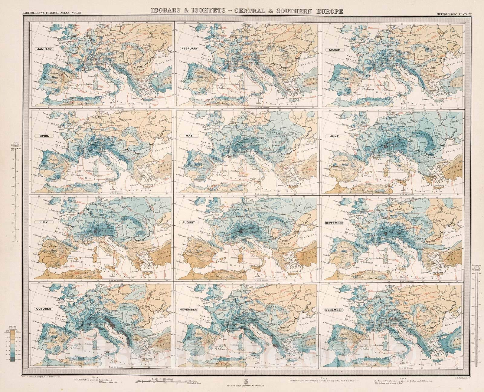 Historic Map : Plate 22. Isobars & Isohyets - Central & Southern Europe., 1899, Vintage Wall Decor