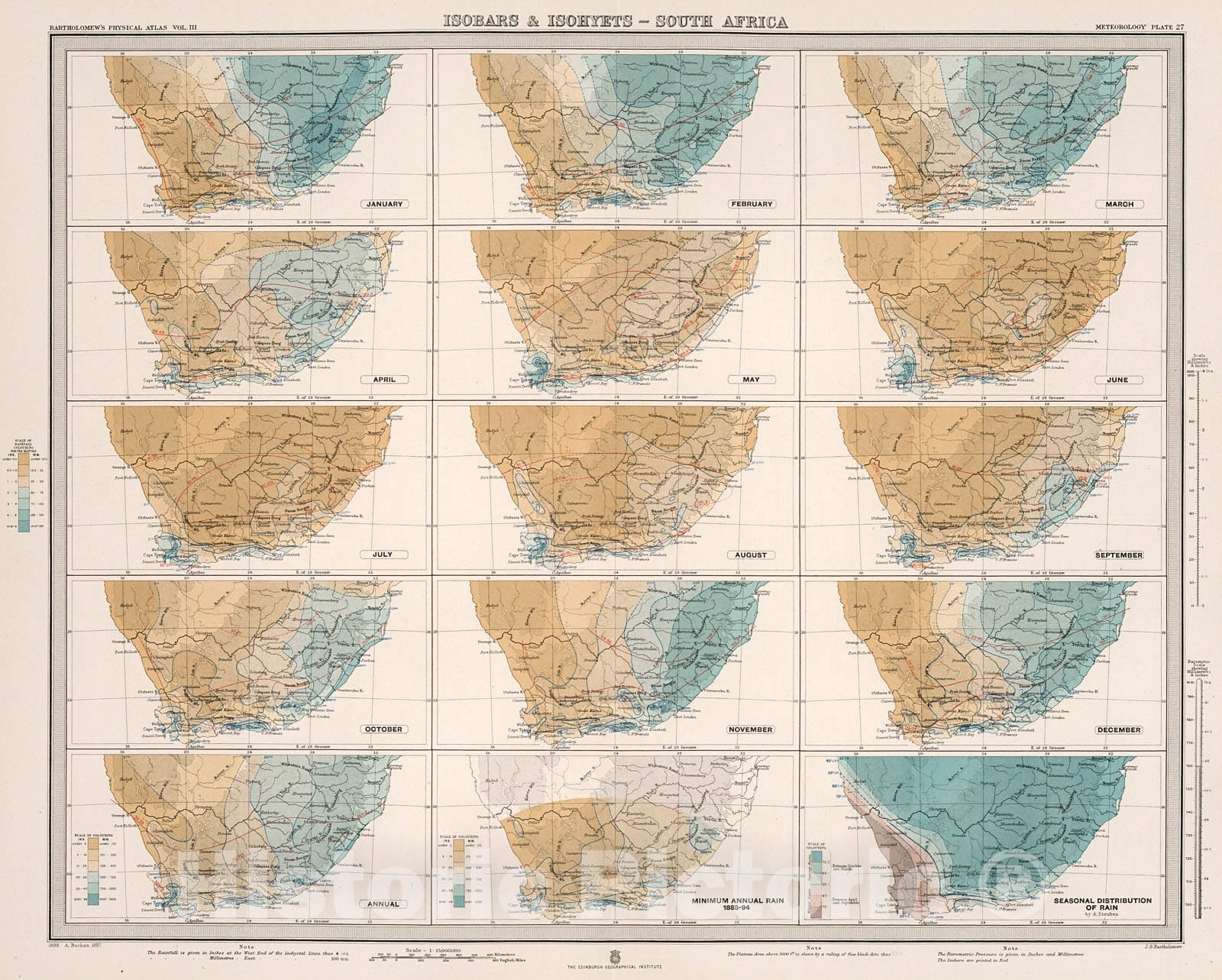 Historic Map : Plate 27. Isobars & Isohyets - South Africa., 1899, Vintage Wall Decor