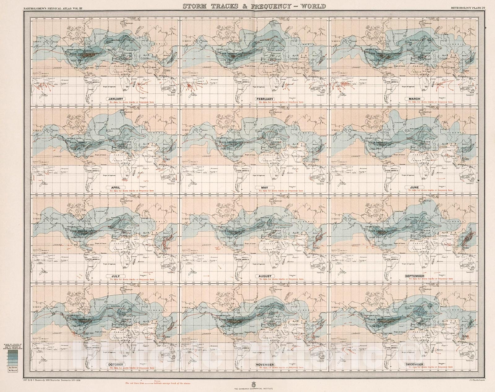 Historic Map : Plate 29. Storm Tracks & Frequency - World., 1899, Vintage Wall Decor