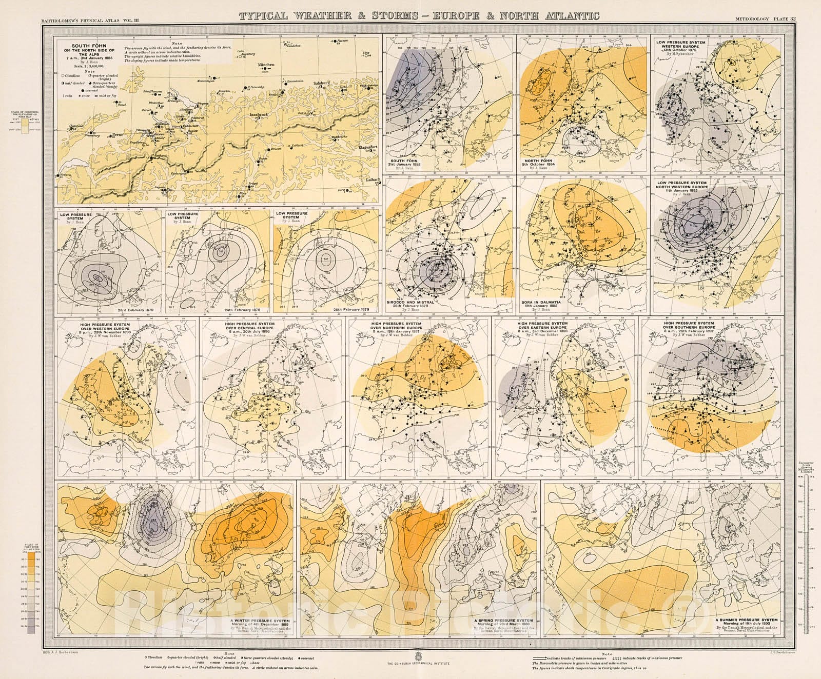 Historic Map : Plate 32. Typical Weather & Storms - Europe & North Atlantic., 1899, Vintage Wall Decor