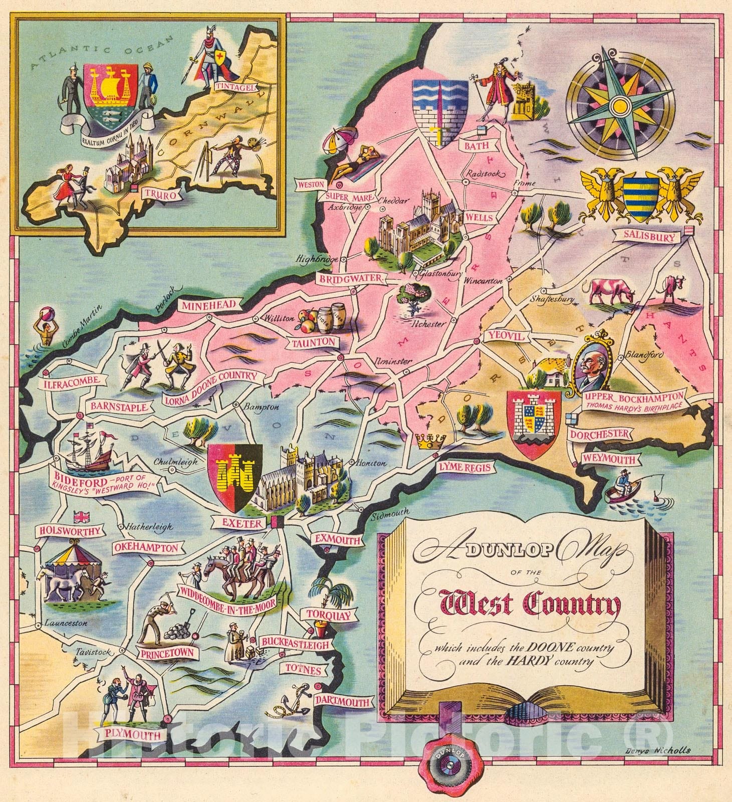 Historic Map : A Dunlop Map of the West Country which includes the Doone country and the Hardy country,, 1932, Vintage Wall Decor