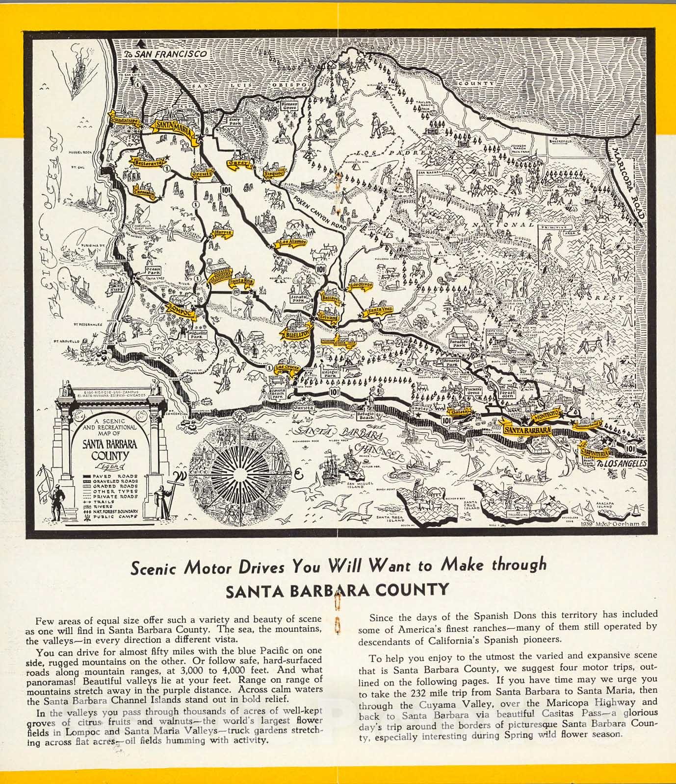 Historic Map - A Scenic and Recreational Map of Santa Barbara (and) A Scenic and Recreational Map of Santa Barbara County, 1939, Marie & John Gorham - Vintage Wall Art