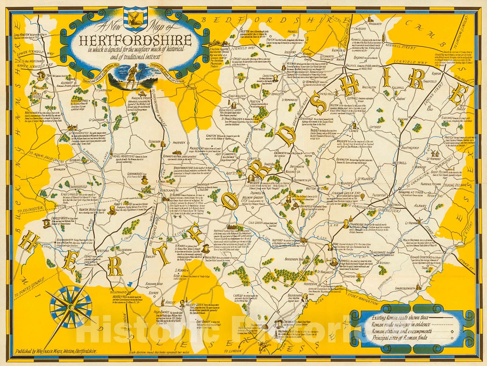 Historic Map : New Map of Hertfordshire in which is depicted for the wayfarer much of historical and traditional interest., 1950, Vintage Wall Decor