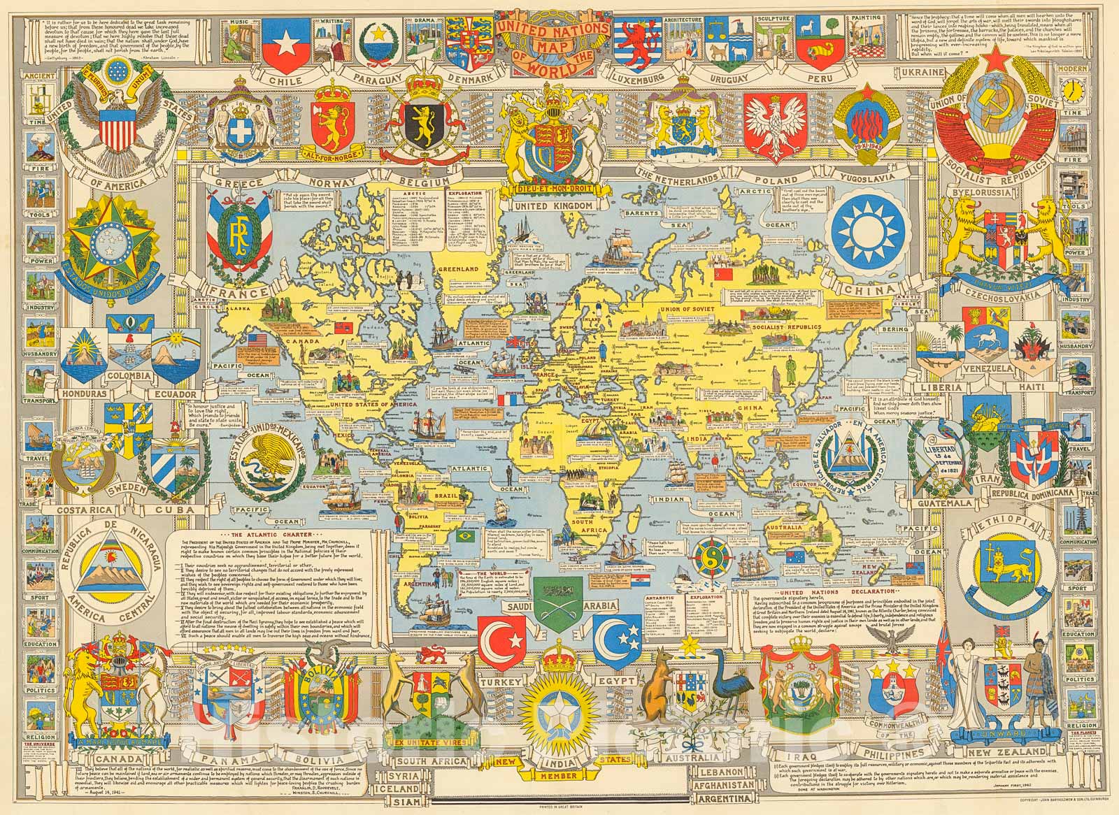 Historic Map : United Nations Map of the World. By L.G. Bullock. John Bartholomew & Son Ltd. Edinburgh., 1948, Vintage Wall Decor