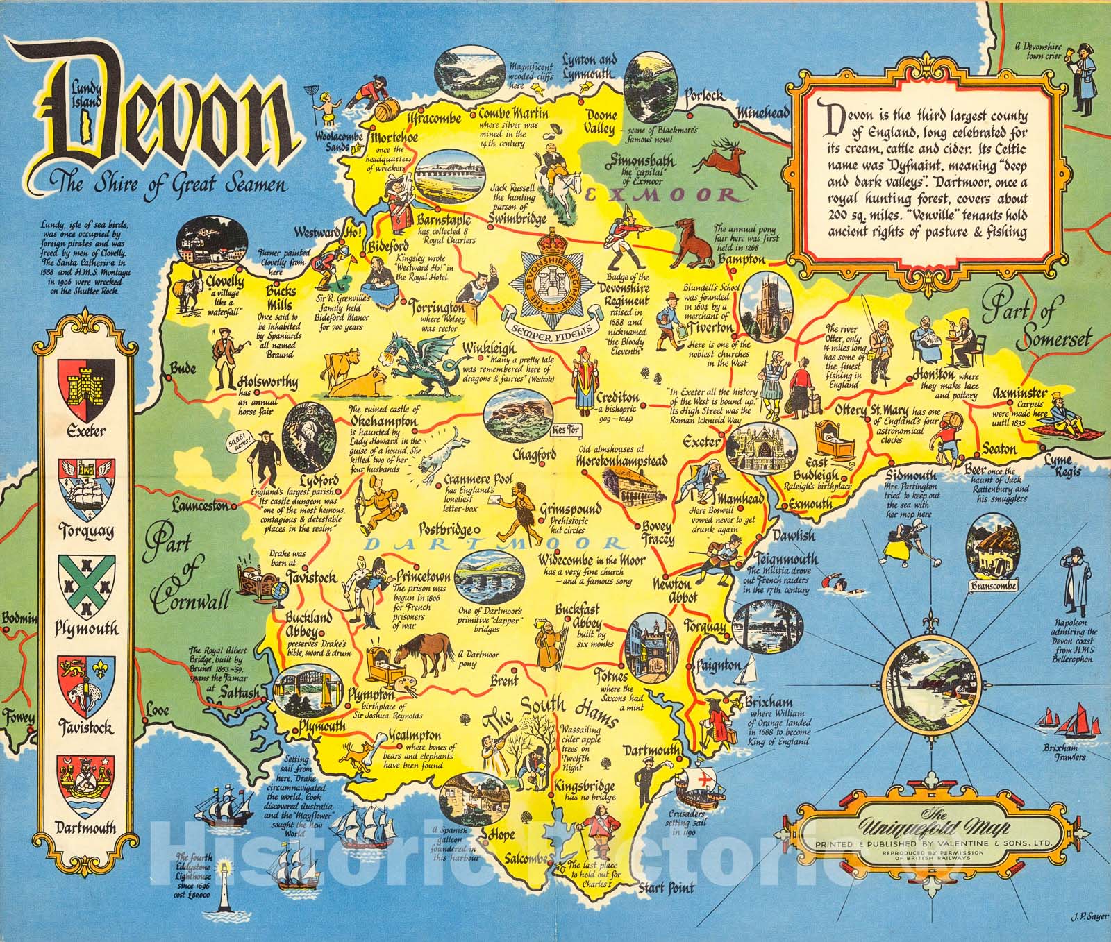 Historic Map : Devon, The Shire of Great Seamen., 1955, Vintage Wall Decor