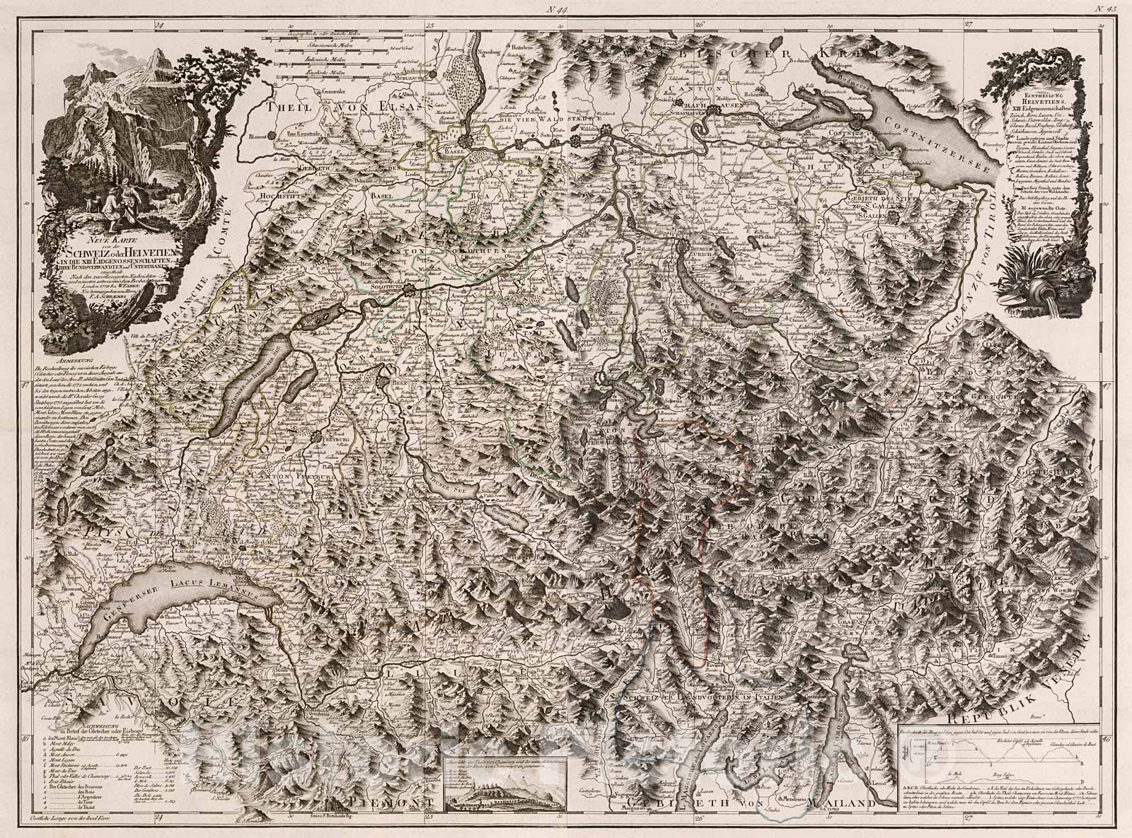 Historic Map : 44-45. Neue Karte Schweiz oder Helvetien in die XIII Eidgenossenschaften., 1800, Vintage Wall Decor