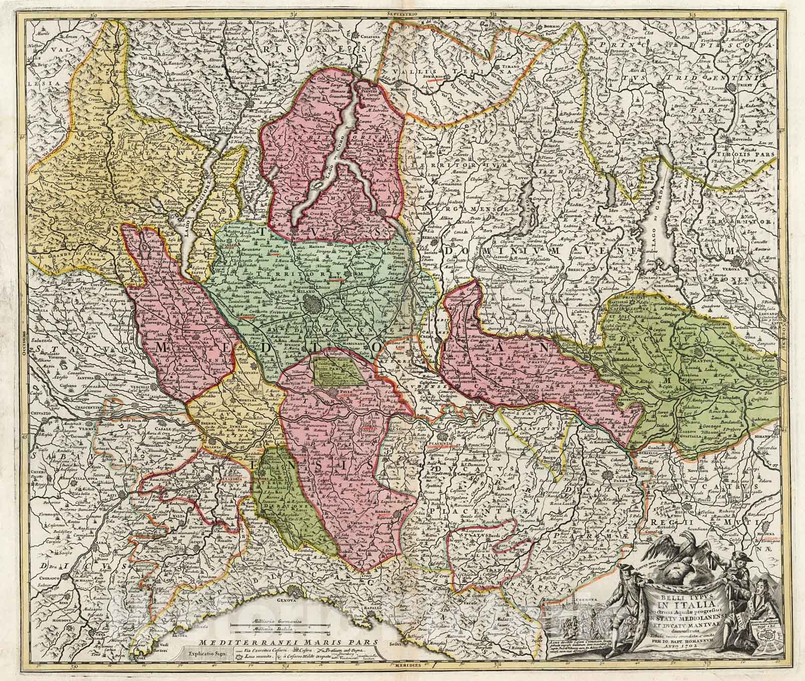 Historic Map : Belli Typus in Italia ...Statu Mediolanensi et Ducatu Mantuae., 1716, Vintage Wall Decor