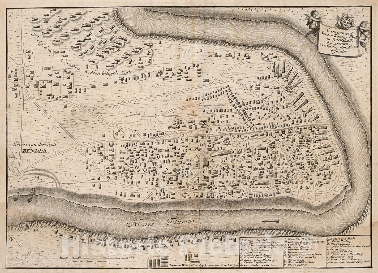 Historic Map : Campement Seiner Konige, Maje zu Schweden, bey Bender wie Solches fich A? 1711 befunden., 1716, Vintage Wall Decor