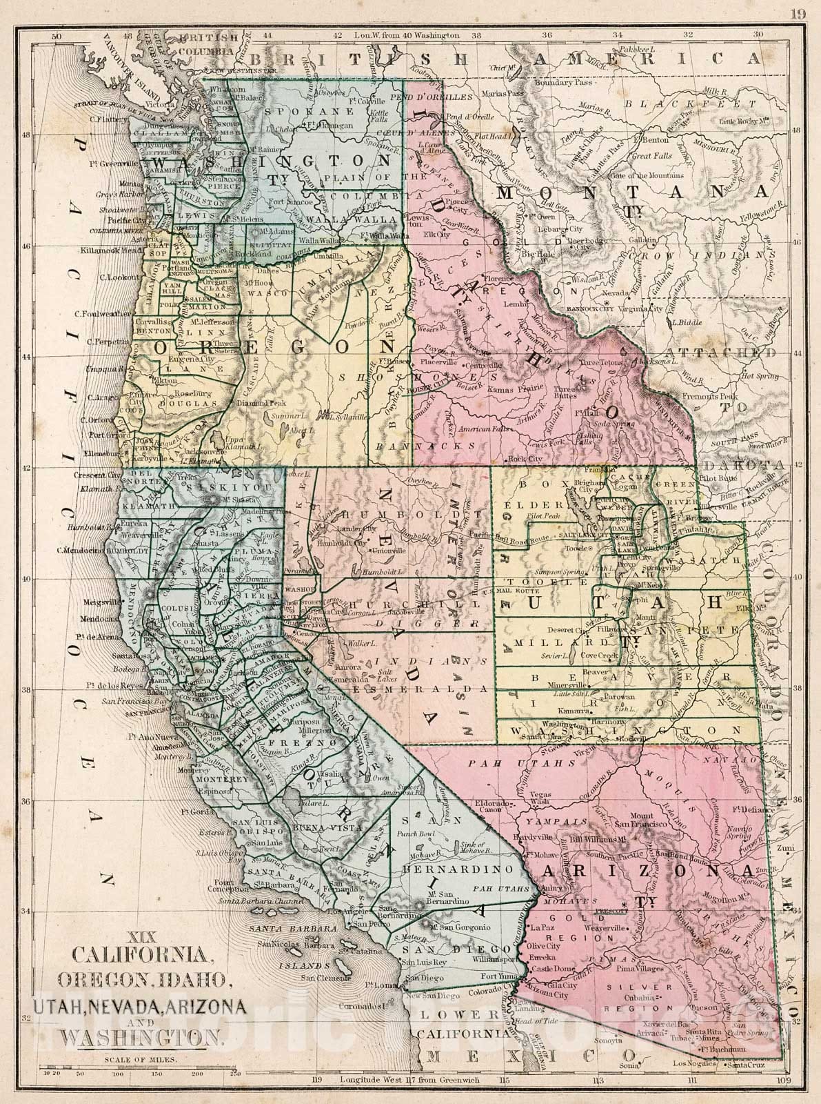 Historic Map : Map No. XIX. California, Oregon, Idaho, Utah, Nevada, Arizona and Washington, 1865, Vintage Wall Decor