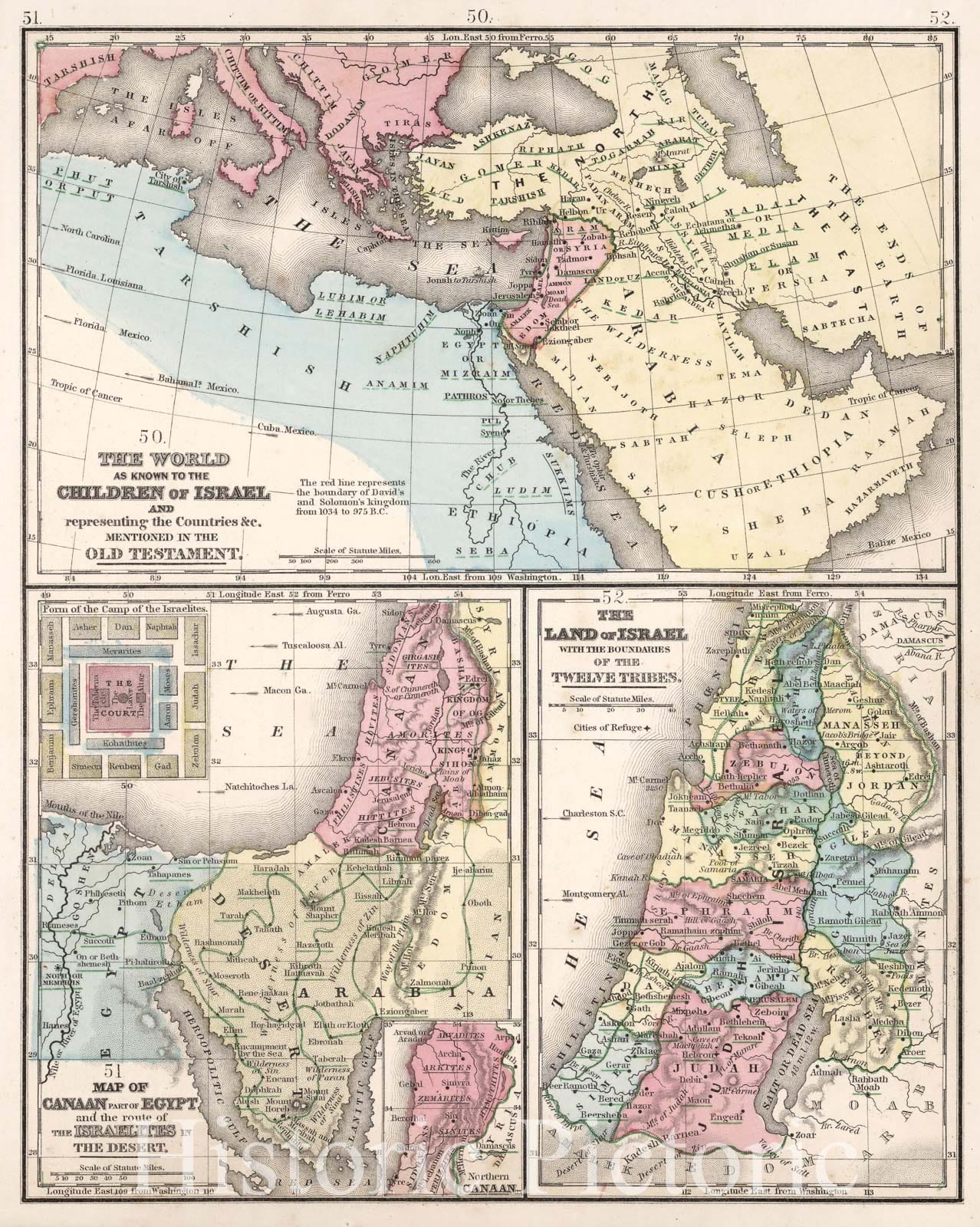 Historic Map : Map No. 50. Old Testament. 51. Map of Canaan. 52. The land of Israel, 1865, Vintage Wall Decor