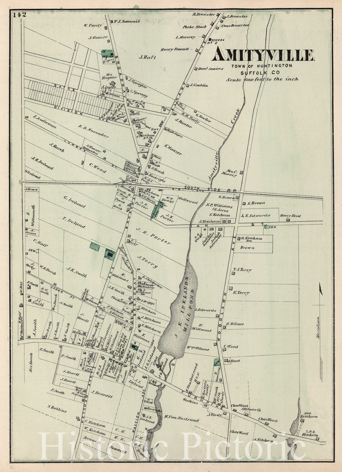 Historic Map Amityville in Huntington. Long Island., 1873, Vintage W
