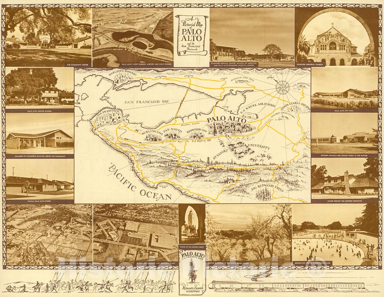 Historic Map : A Pictorial Map of Palo Alto and San Francisco Peninsula by Arthur Lites., 1960, Vintage Wall Decor