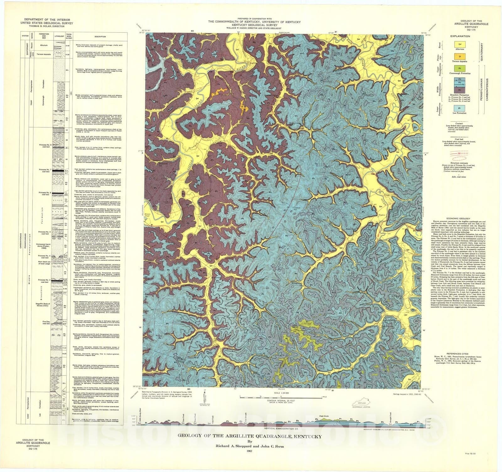 Map : Geology of the Argillite quadrangle, Kentucky, 1962 Cartography Wall Art :