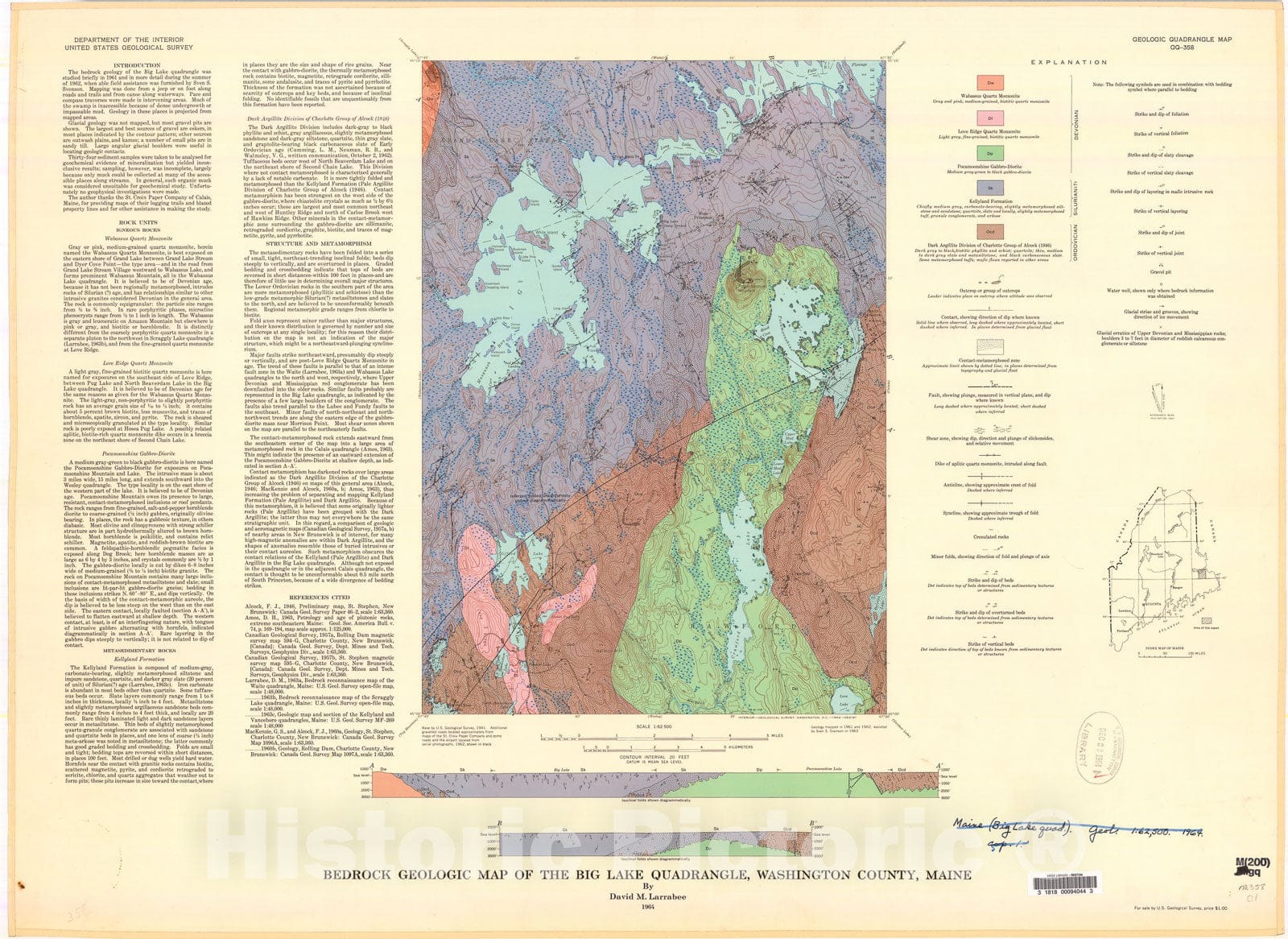 Map : Bedrock geologic map of the Big Lake quadrangle, Washington County, Maine, 1964 Cartography Wall Art :