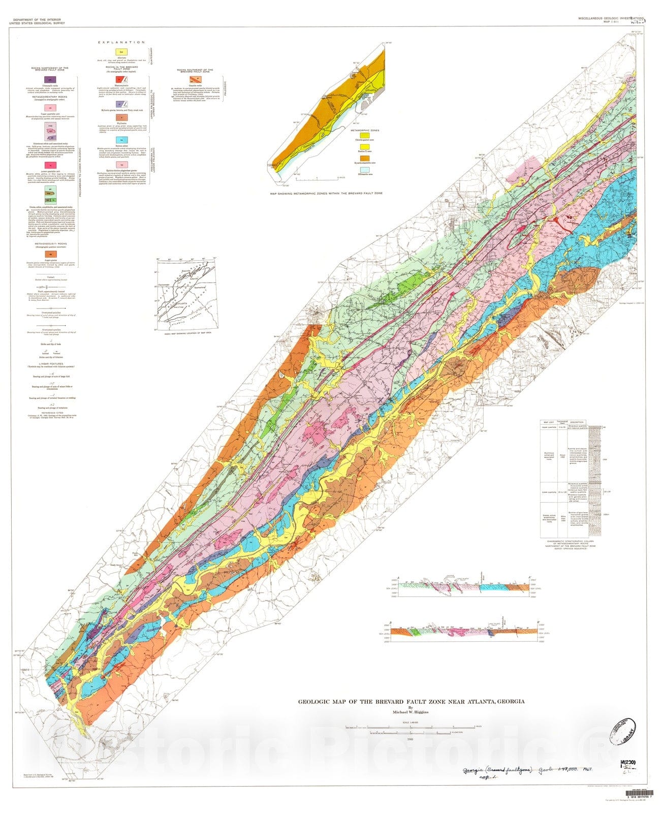 Map : Geologic map of the Brevard fault zone near Atlanta, Georgia, 1968 Cartography Wall Art :