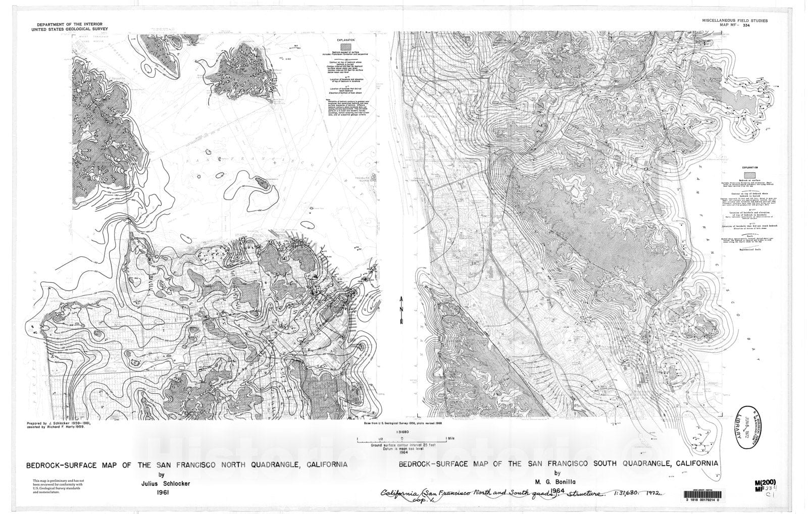 Map : Bedrock-surface map of the San Francisco North quadrangle, California, 1961, and Bedrock-surface map of the San Francisco South qu, 1972 Cartography Wall Art :