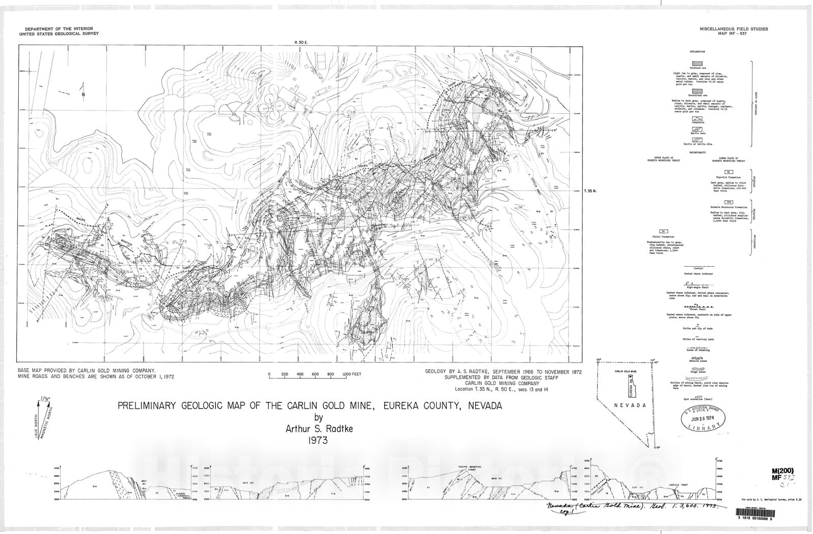 Map : Preliminary geologic map of the Carlin Gold Mine, Eureka County, Nevada, 1973 Cartography Wall Art :