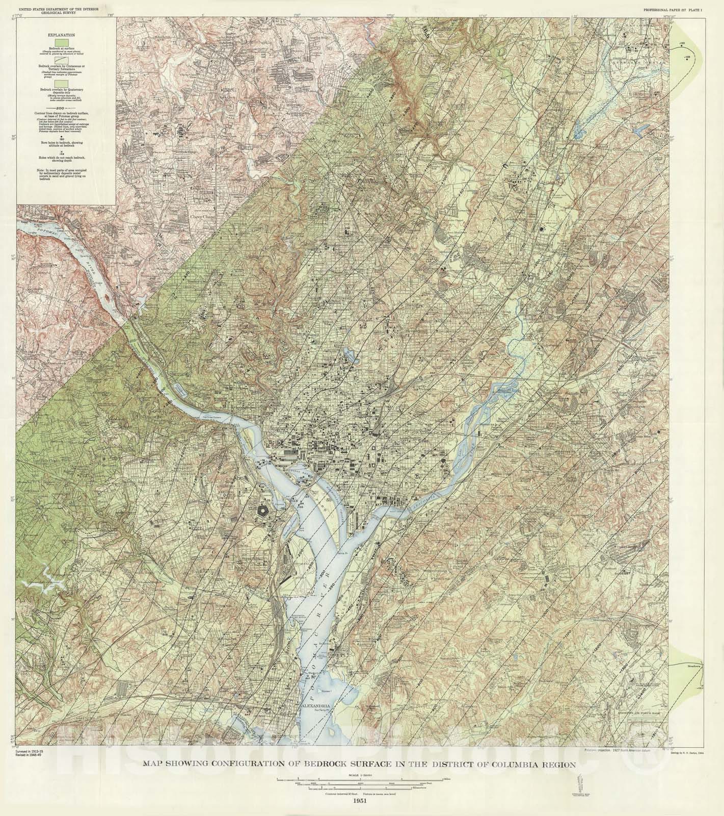 Map : Configuration of the bedrock surface of the District of Columbia and vicinity, 1950 Cartography Wall Art :