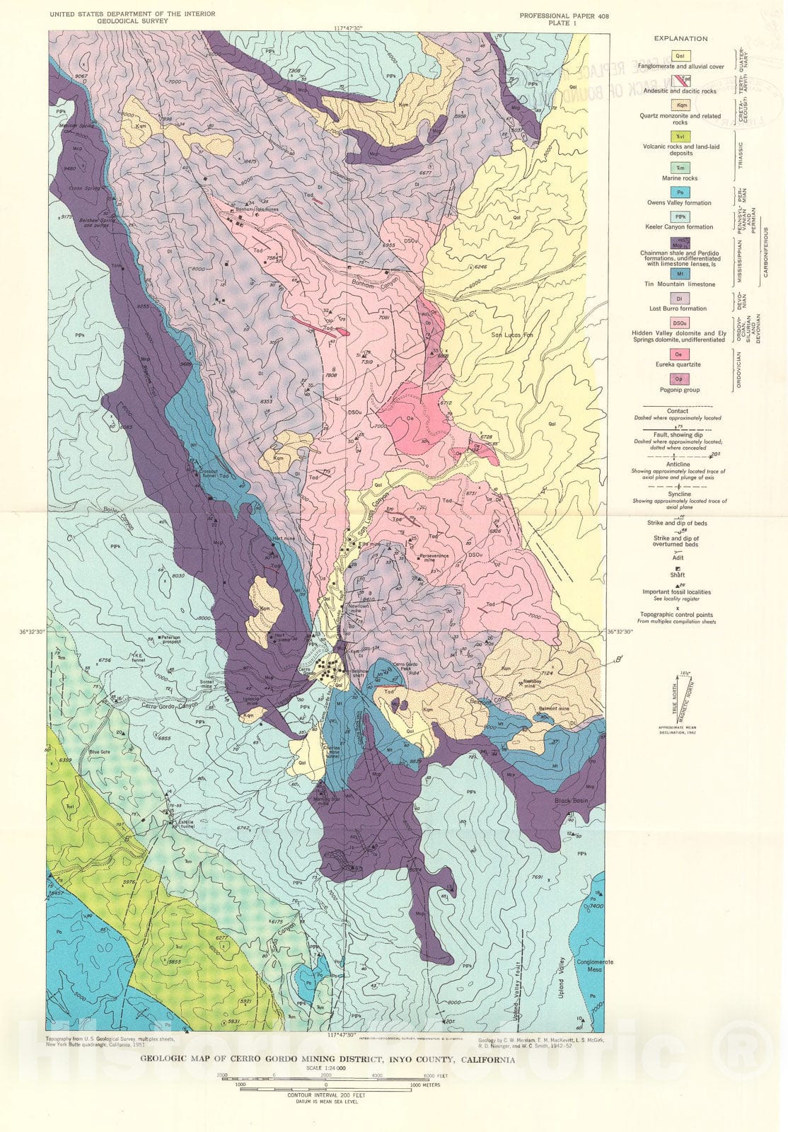 Map : Geology of the Cerro Gordo mining district, Inyo County, California, 1963 Cartography Wall Art :