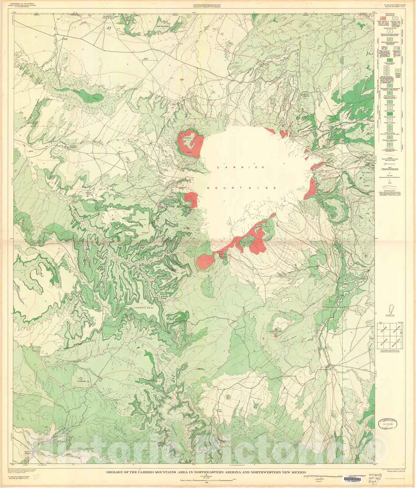 Map : Geology of the Carrizo Mountains area in northeastern Arizona and northwestern New Mexico, 1956 Cartography Wall Art :