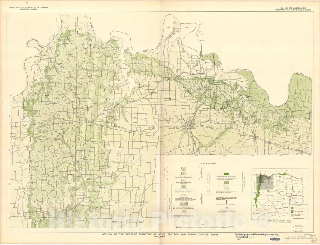 Map : Geology of the Woodbine formation of Cooke, Grayson, and Fannin Counties, Texas, 1949 Cartography Wall Art :