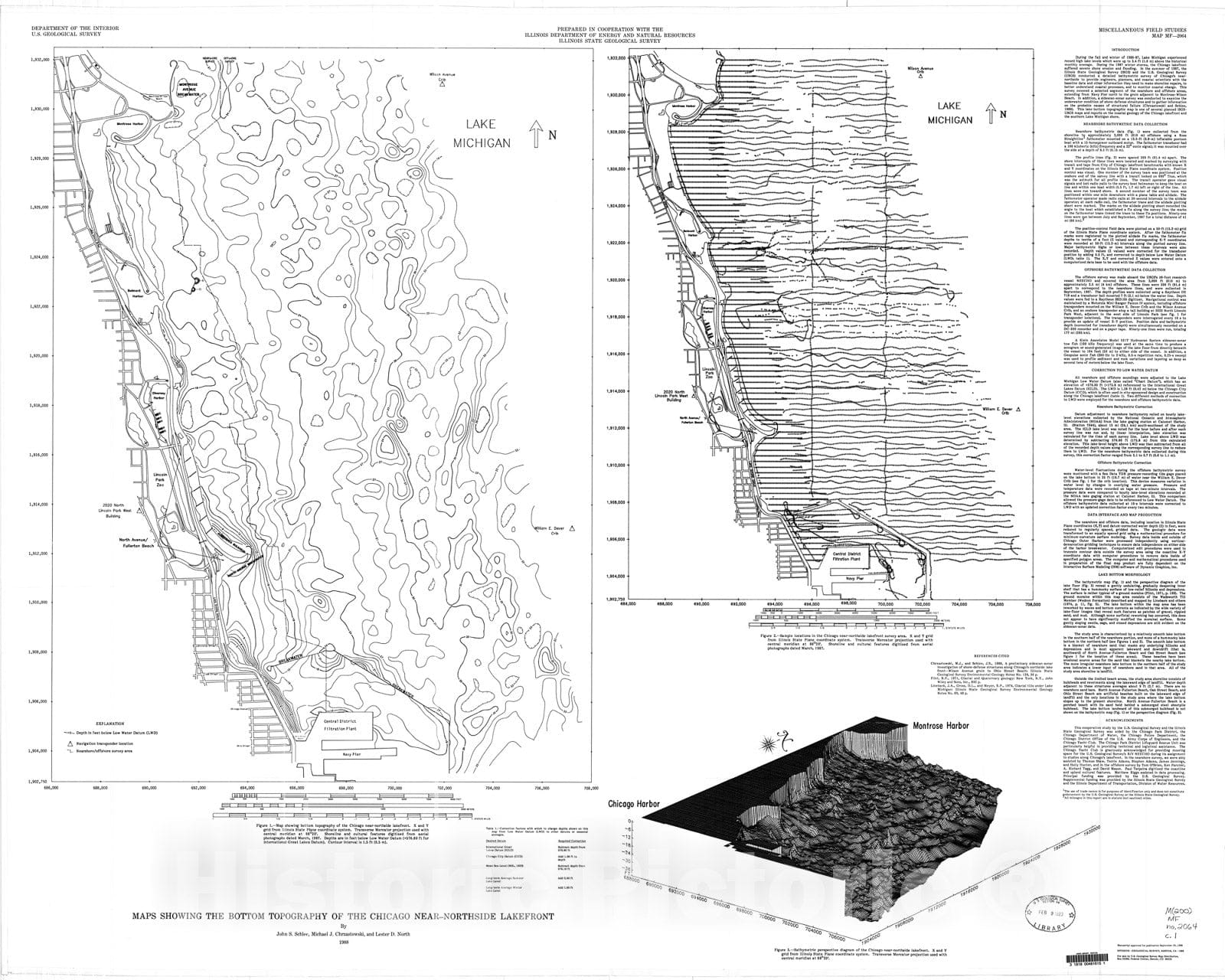 Map : Maps showing the bottom topography of the Chicago near-northside lakefront, 1988 Cartography Wall Art :