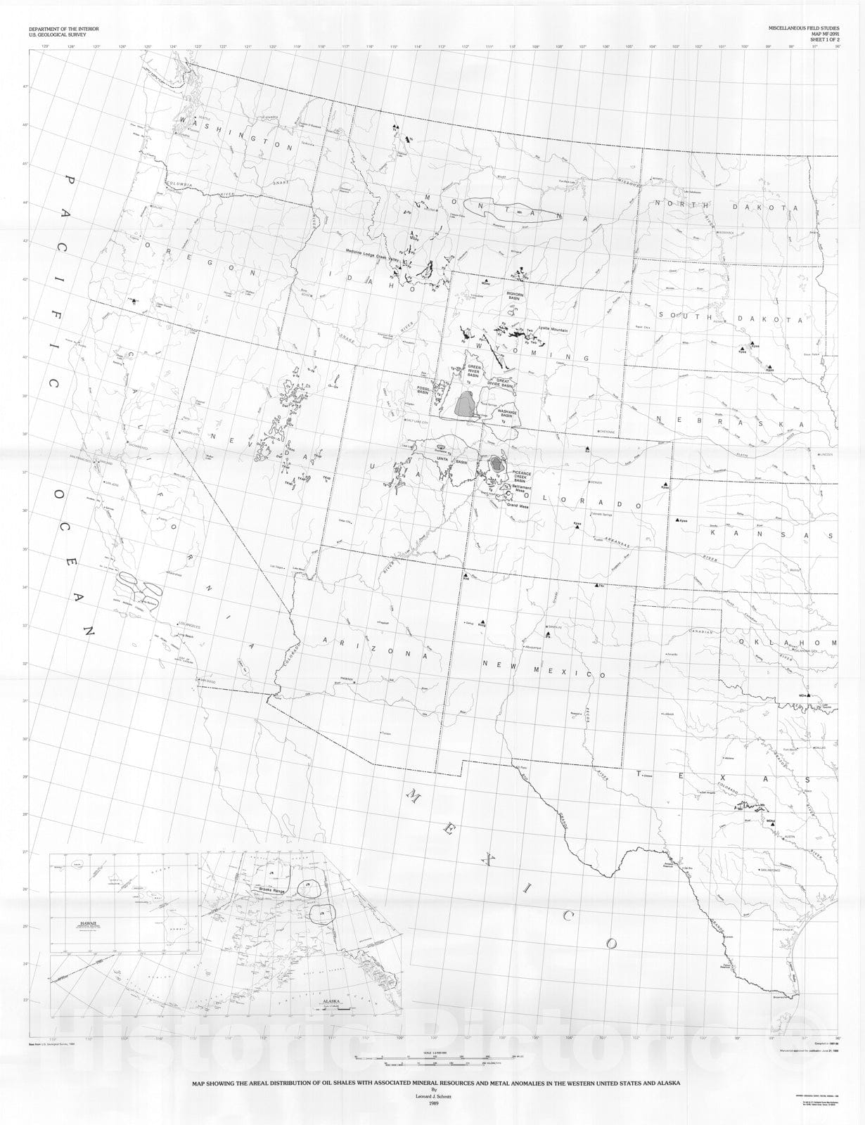Map : Map showing the areal distribution of oil shales with associated mineral resources and metal anomalies in the western United States and Alaska, 1989 Cartography Wall Art :