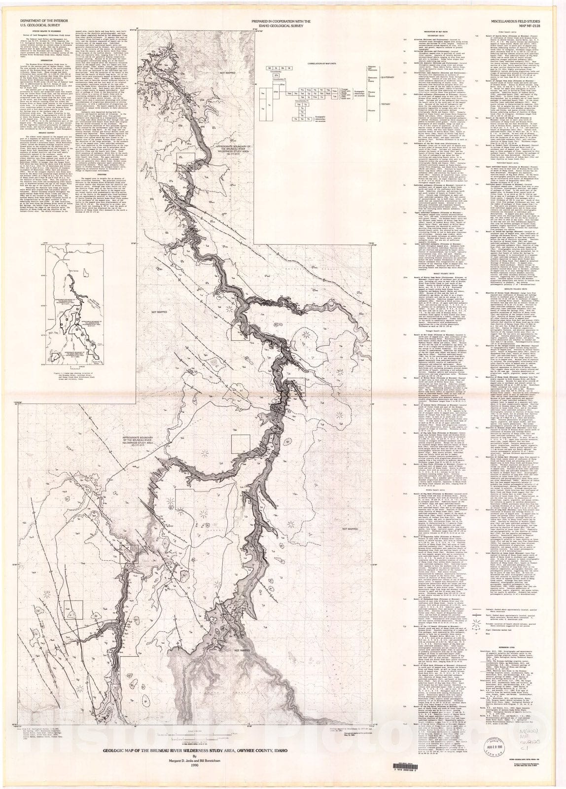 Map : Geologic map of the Bruneau River Wilderness Study Area, Owyhee County, Idaho, 1990 Cartography Wall Art :