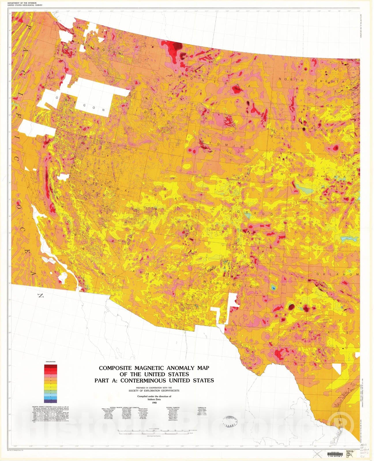 Map : Composite magnetic anomaly map of the United States: Part A: conterminous United States, 1982 Cartography Wall Art :