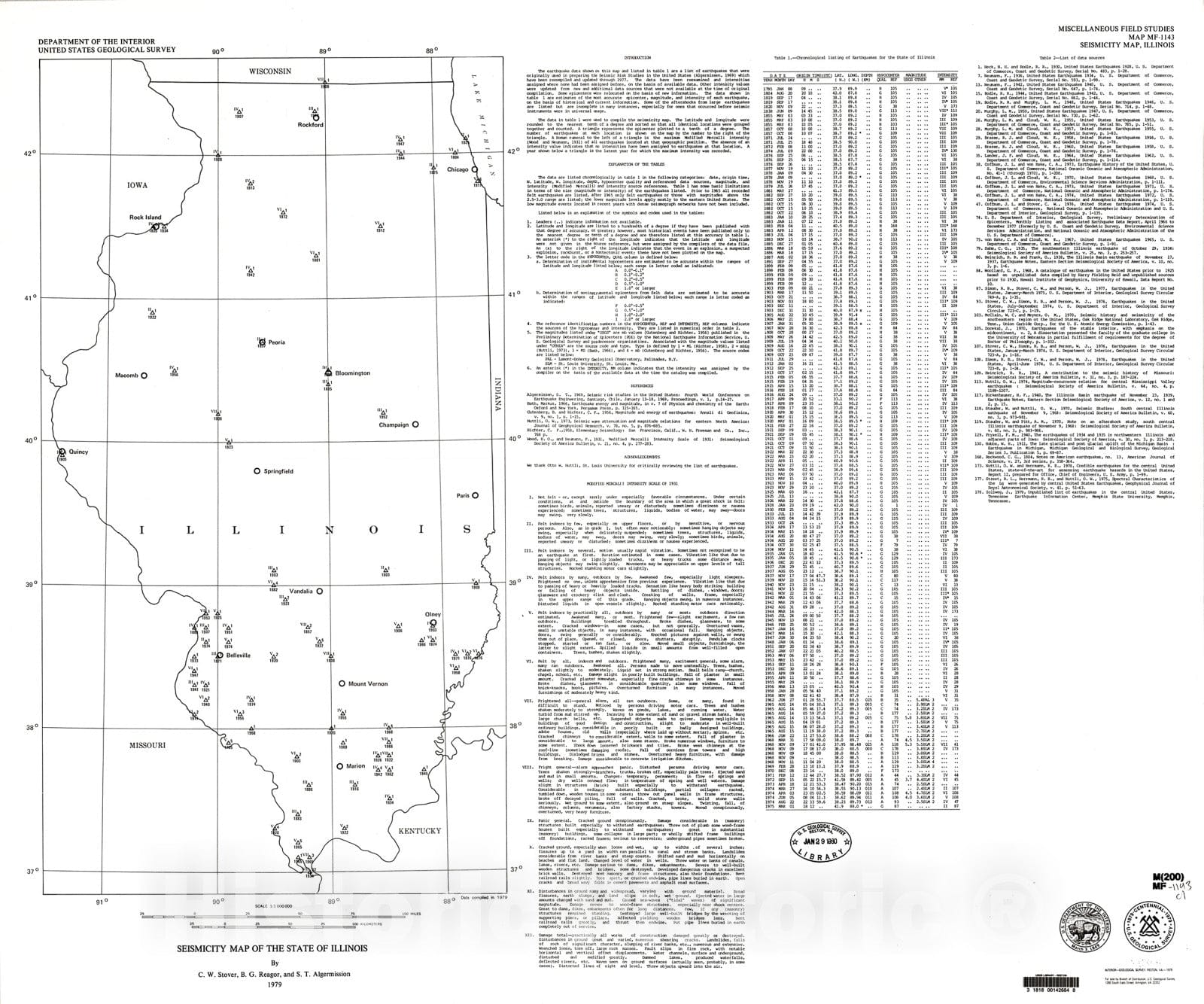 Map : Seismicity map of the state of Illinois, 1979 Cartography Wall Art :