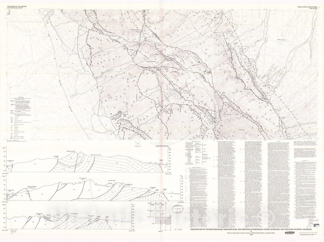 Map : Geologic map of the Beck Mountain, Crestone Peak, and Crestone quadrangles, Custer, Huerfano, and Saguache Counties, Colorado, 1986 Cartography Wall Art :