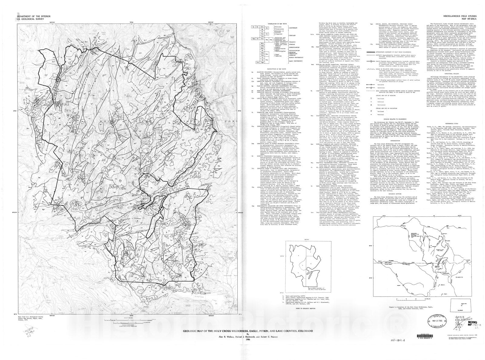 Map : Geologic map of the Holy Cross Wilderness, Eagle, Pitkin, and La ...