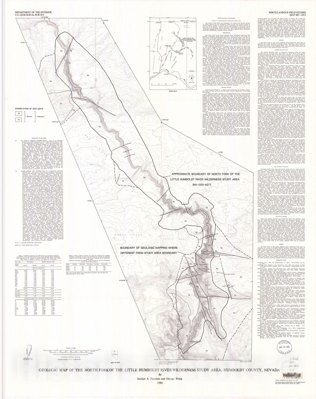 Map : Geologic map of the North Fork of the Little Humboldt River Wilderness Study Area, Humboldt County, Nevada, 1985 Cartography Wall Art :