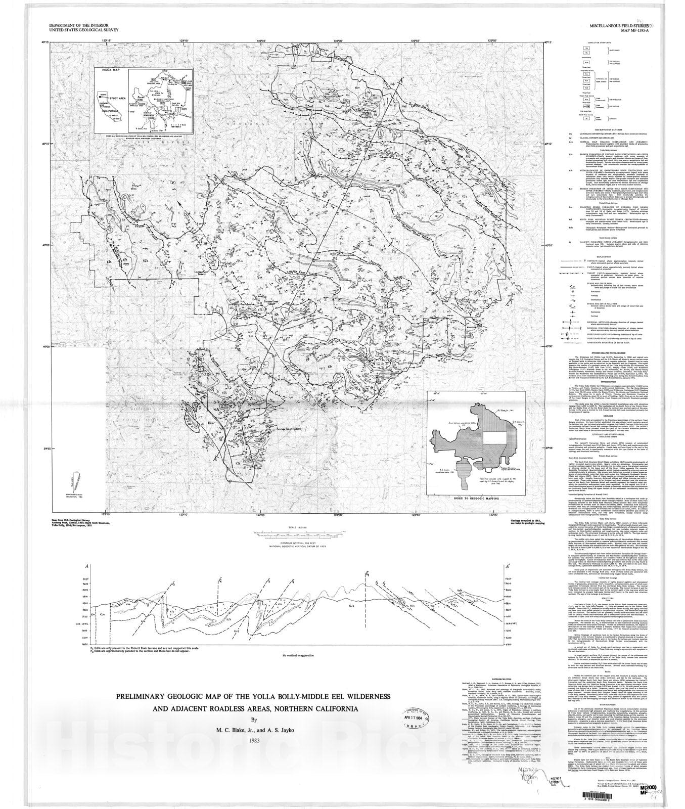 Map : Preliminary geologic map of the Yolla Bolly-Middle Eel Wilderness and adjacent roadless areas, northern California, 1983 Cartography Wall Art :